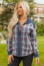 Hazel Blues® |  Gray Plaid Corduroy Patchwork Collared Zip Up Snap Button Jacket