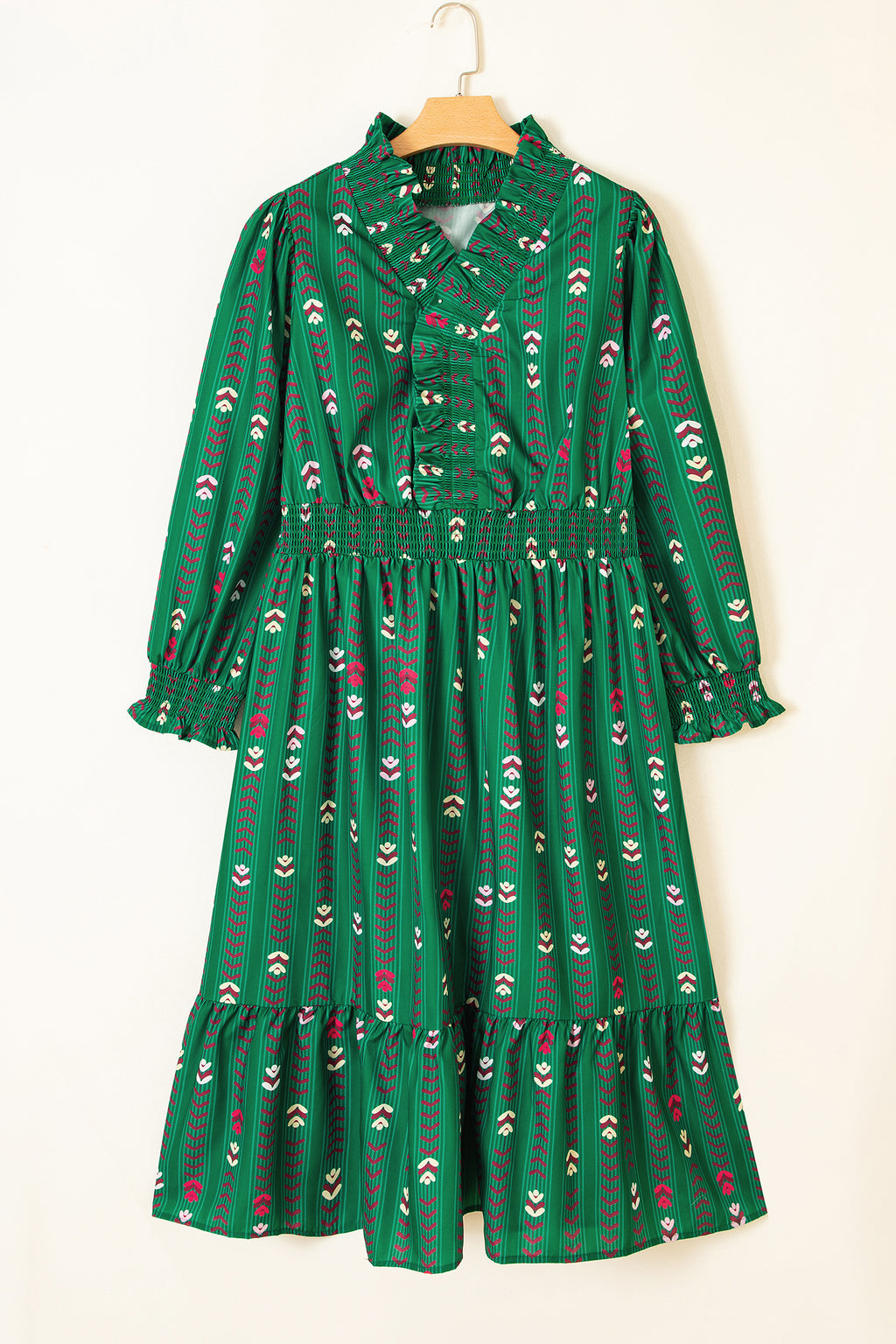 Green Floral-Print V-Neck Long-Sleeve Shift Dress