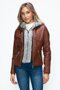 Hazel Blues® |  YMI Faux Layered Double-Zipper Jacket with Fuzzy Hood