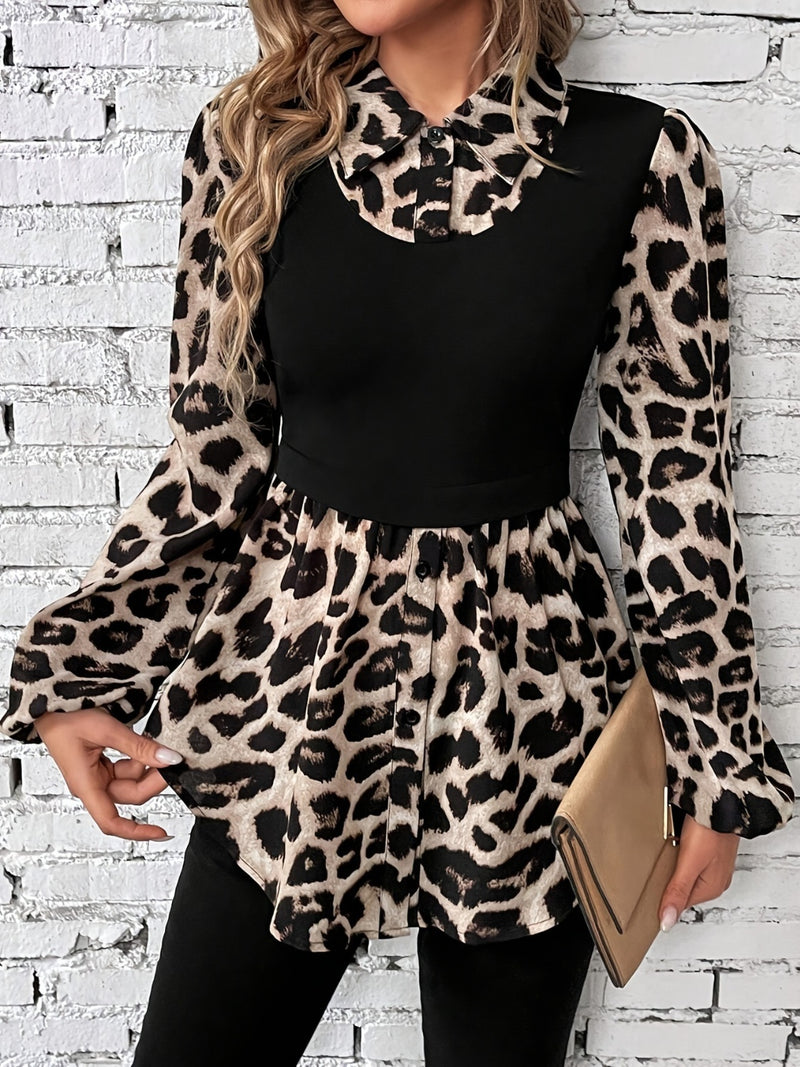 Hazel Blues® |  Leopard Collared Neck Balloon Sleeve Blouse