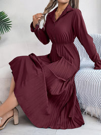 Hazel Blues® |  Pleated Half Button Long Sleeve Midi Dress