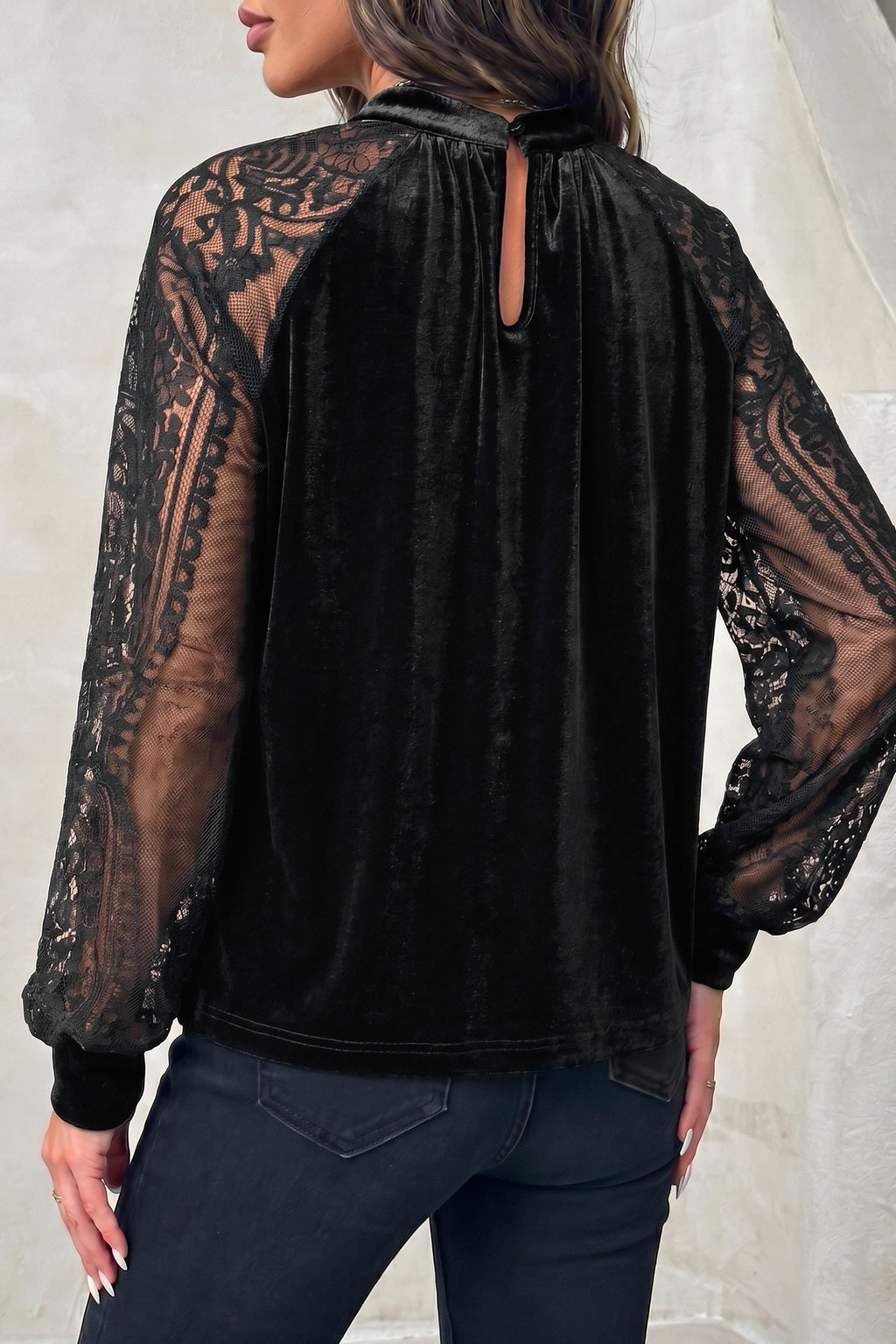 Sheer Lace Long Sleeve Patchwork Stand Neck Velvet Blouse | Lace Patchwork Long Sleeve Blouse