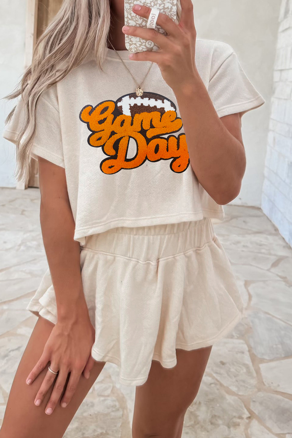 Hazel Blues® |  Beige Game Day Graphic Tee and Skort 2 Piece Set