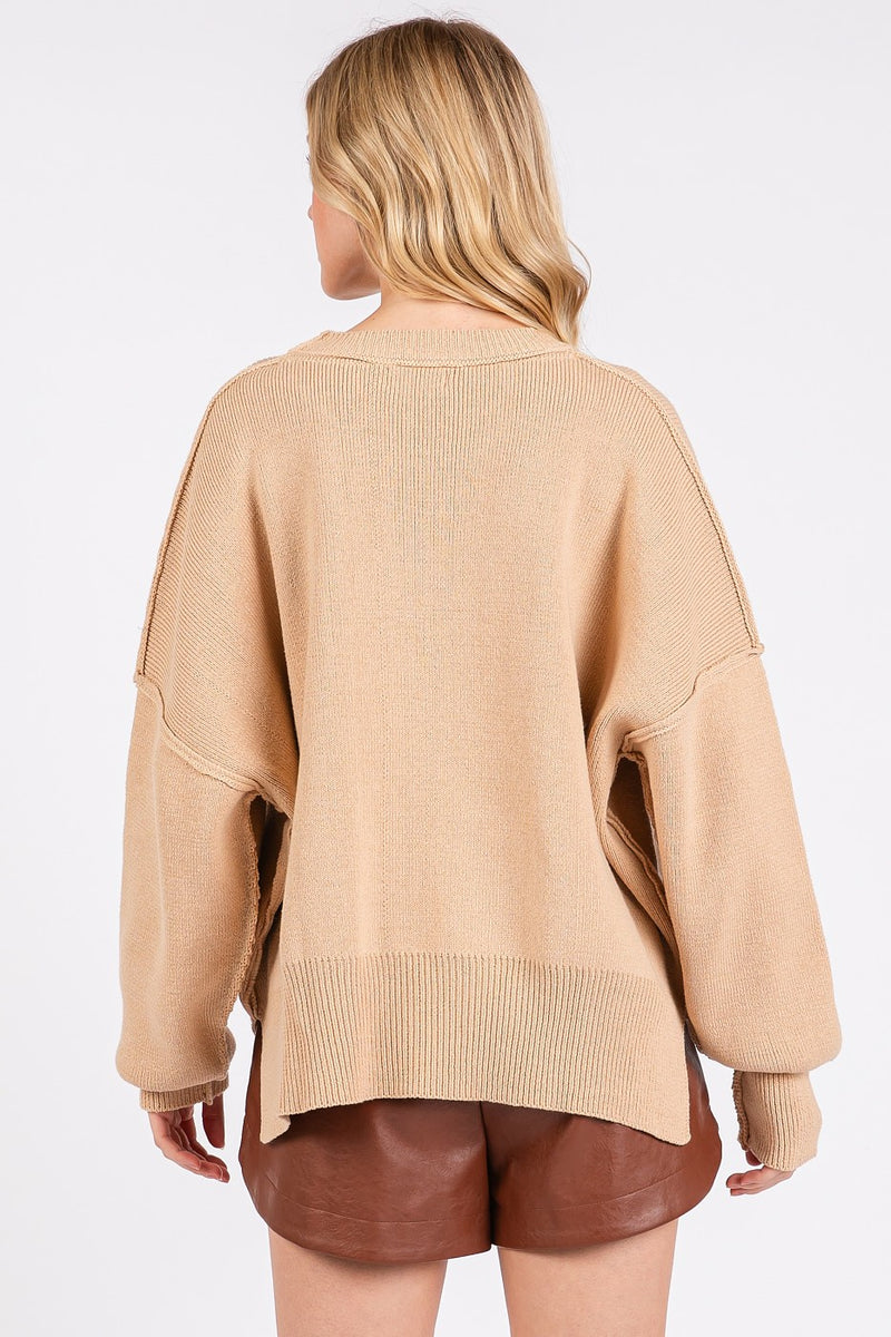 Hazel Blues® |  Mittoshop Side Slit Round Neck Drop Shoulder Sweater