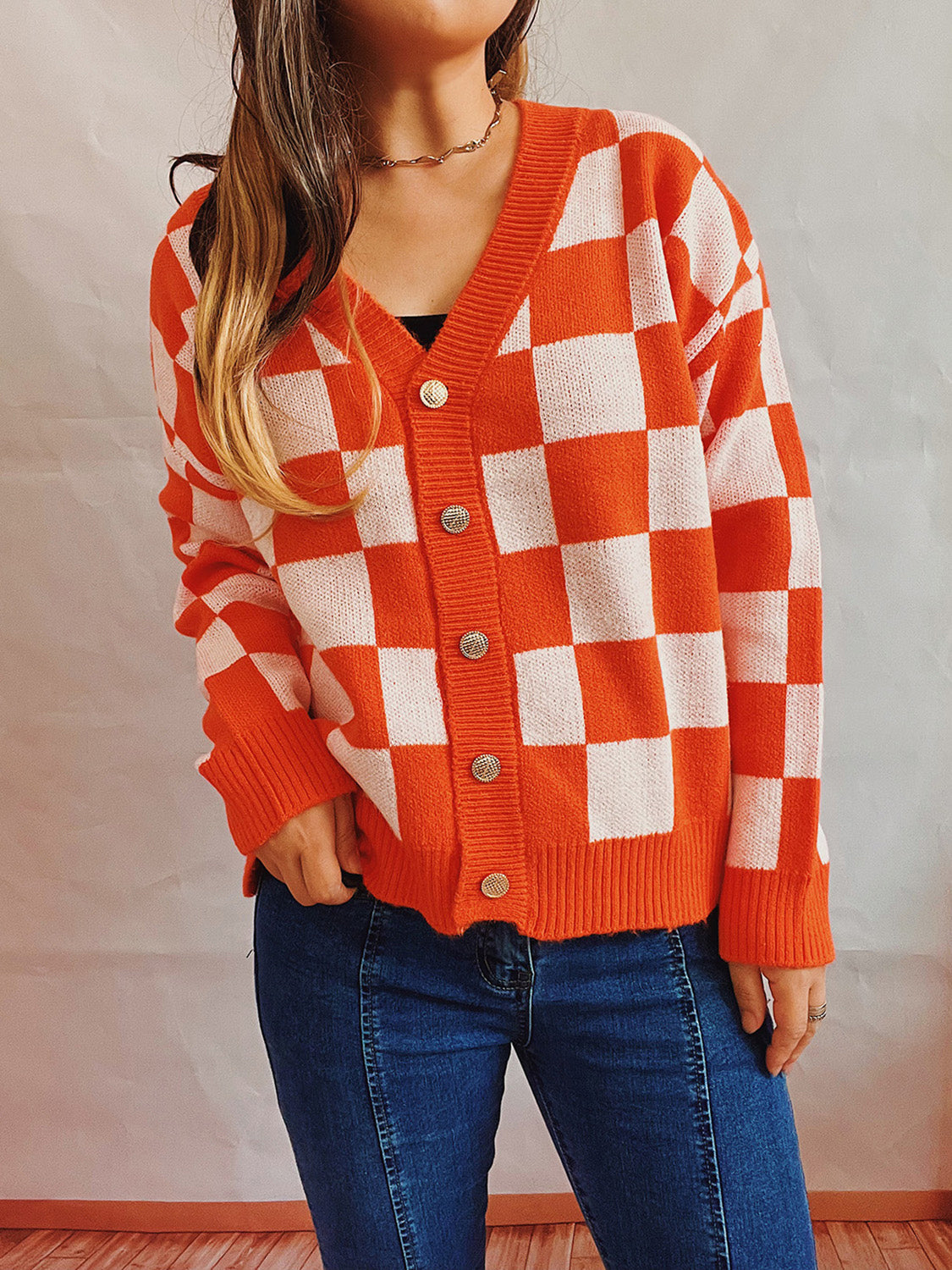 Hazel Blues® |  Checkered Open Front Button Up Cardigan