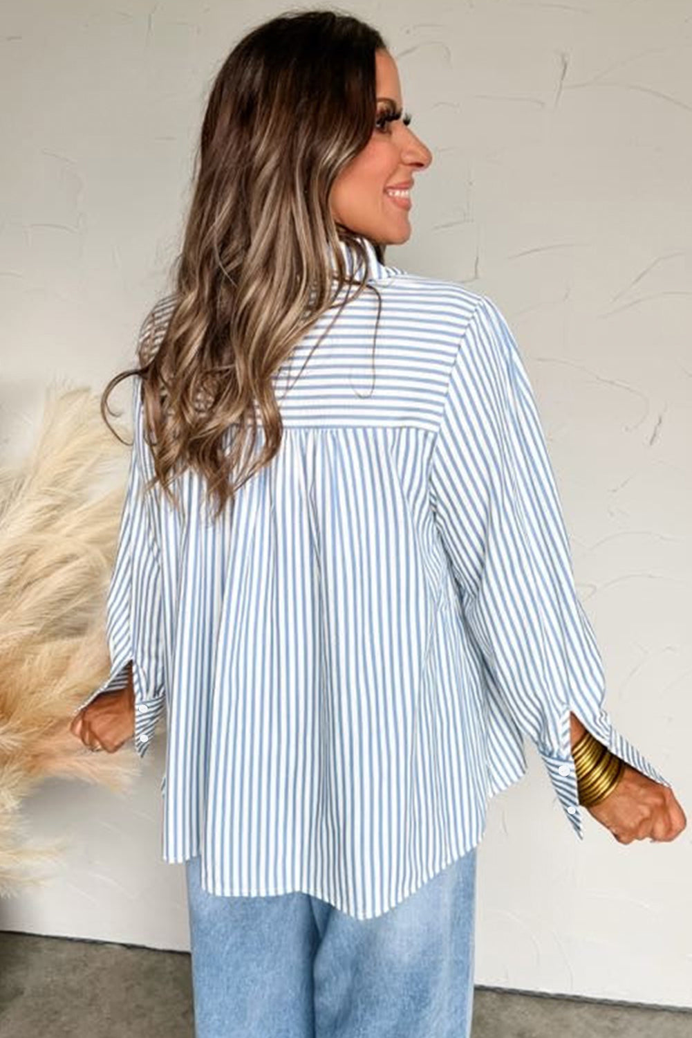 Sky Blue Stripe Shirred Detail Half Placket Collared Long-Sleeve Fall Shirt