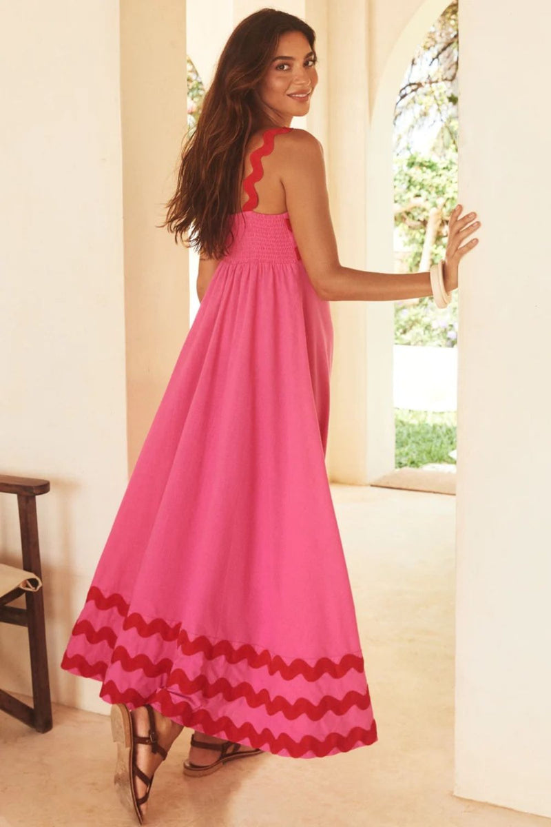 Hot Pink Contrast Trim Square-Neck Wide Strap Dress