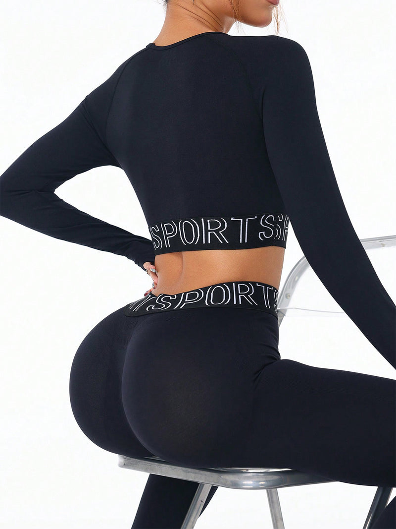 Hazel Blues® |  Letter Print Round Neck Long Sleeve Top and Leggings Active Set