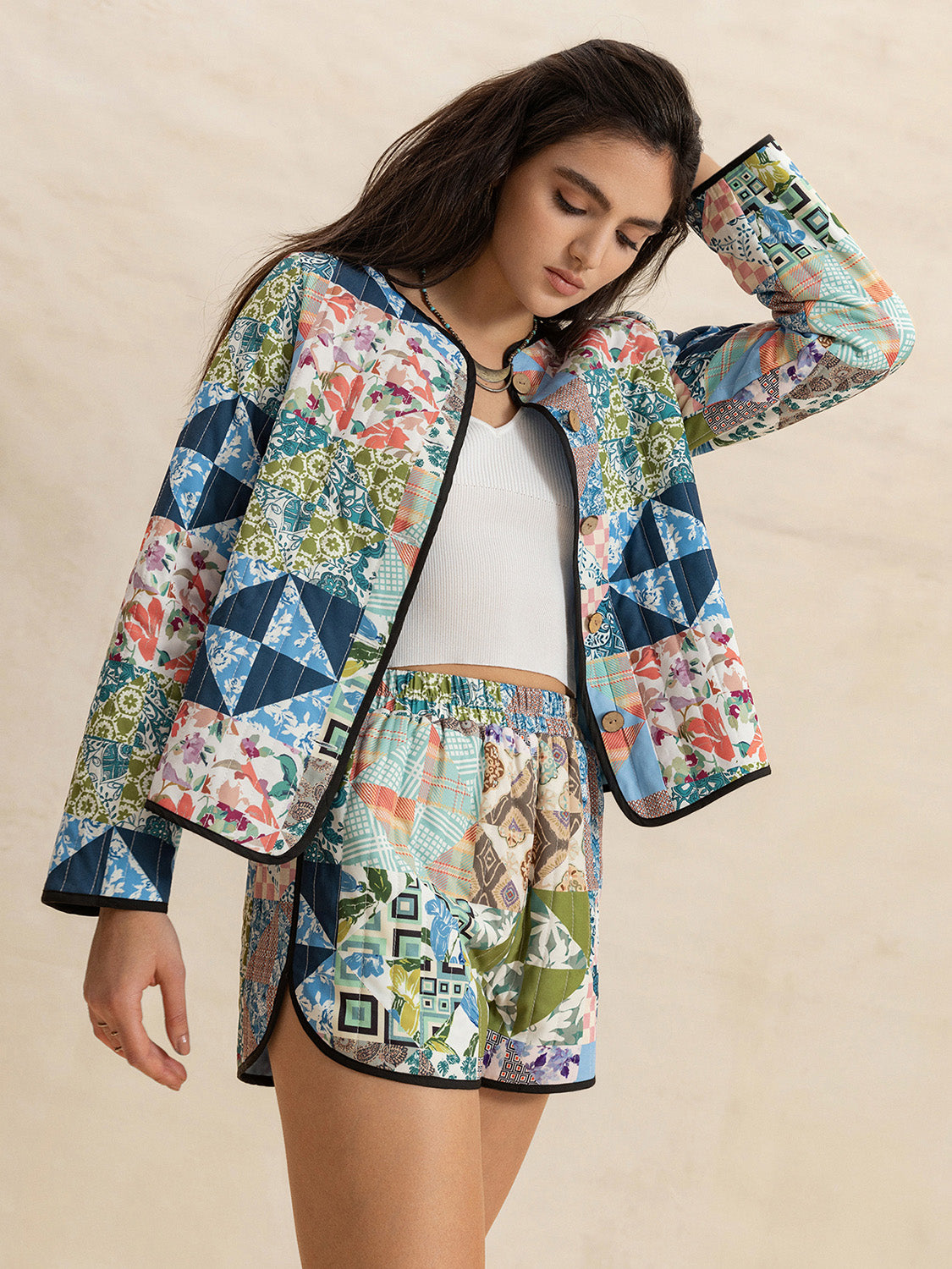 Hazel Blues® |  Printed Button Up Long Sleeve Outerwear and Shorts Set