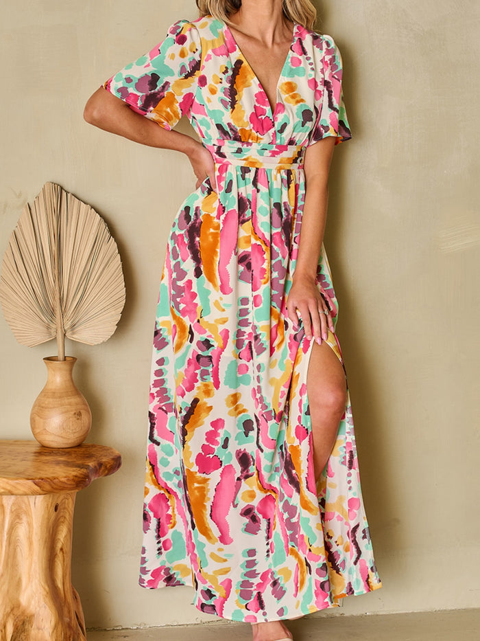 Hazel Blues® |  Slit Printed Surplice Short Sleeve Maxi Dress