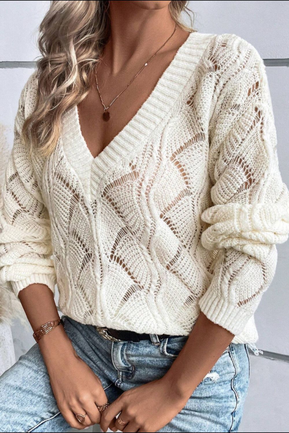 Hazel Blues® |  Openwork V-Neck Long Sleeve Sweater