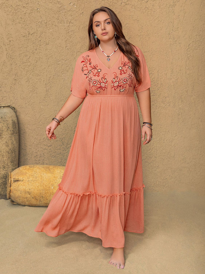 Hazel Blues® | Frill Embroidered V-Neck Half Sleeve Maxi Dress