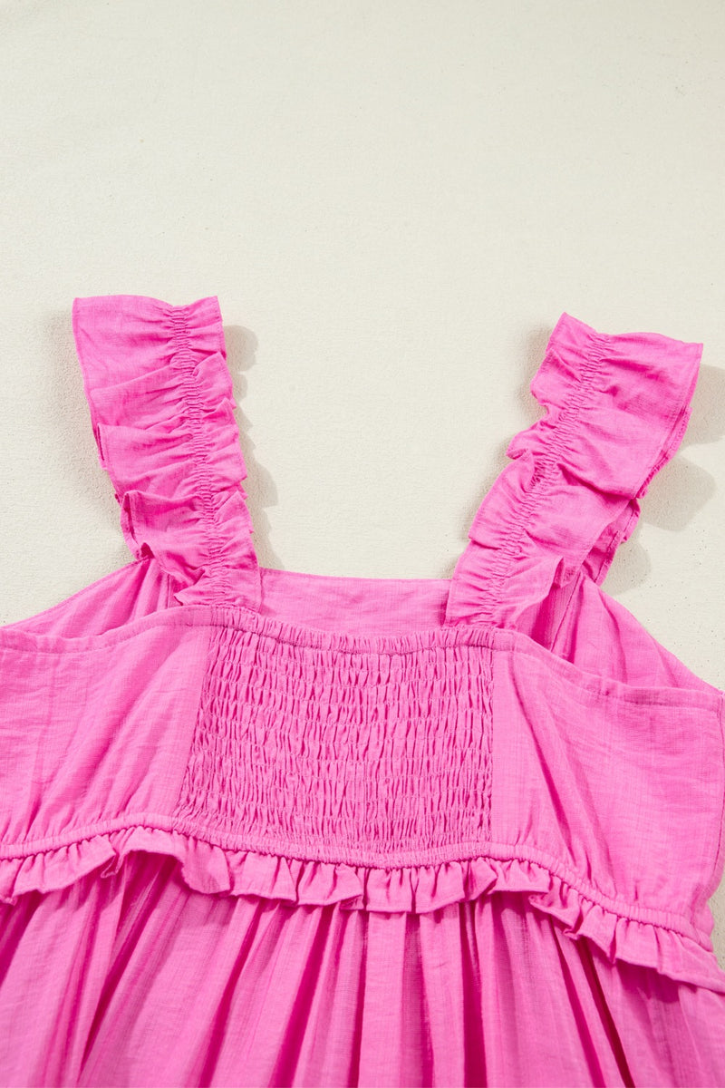 Solid Color Ruffle Trim High Waist Sleeveless Maxi Dress Fuchsia Pink / S