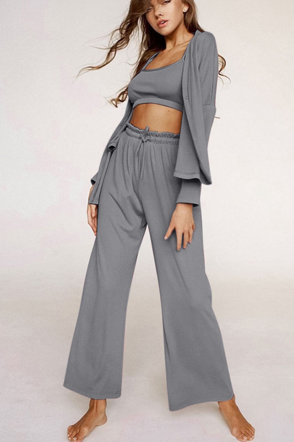 Hazel Blues® |  Spaghetti Strap Bra, Open Front Cardigan and Drawstring Pants Set