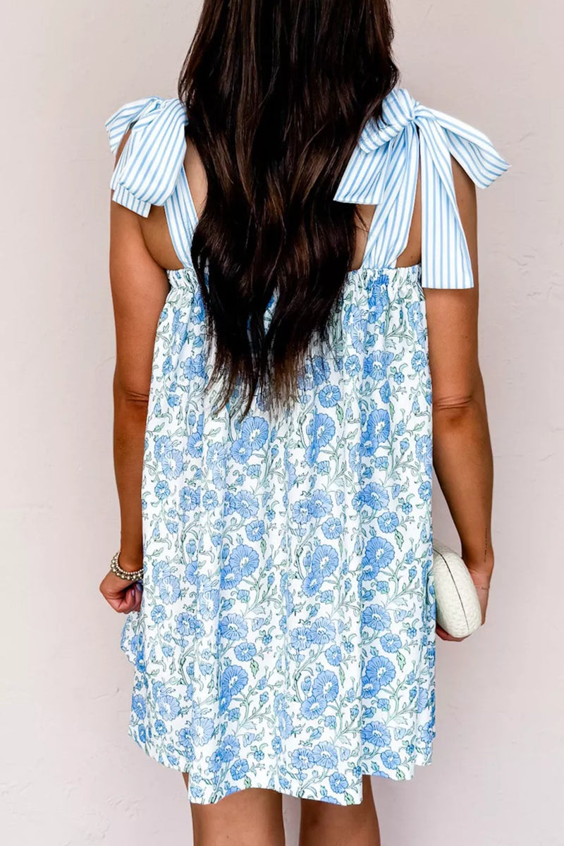 Hazel Blues | Floral Print Tie-Strap Mini Dress Light Blue / S Hazel Blues | Floral Print Tie-Strap Mini Dress Light Blue / S