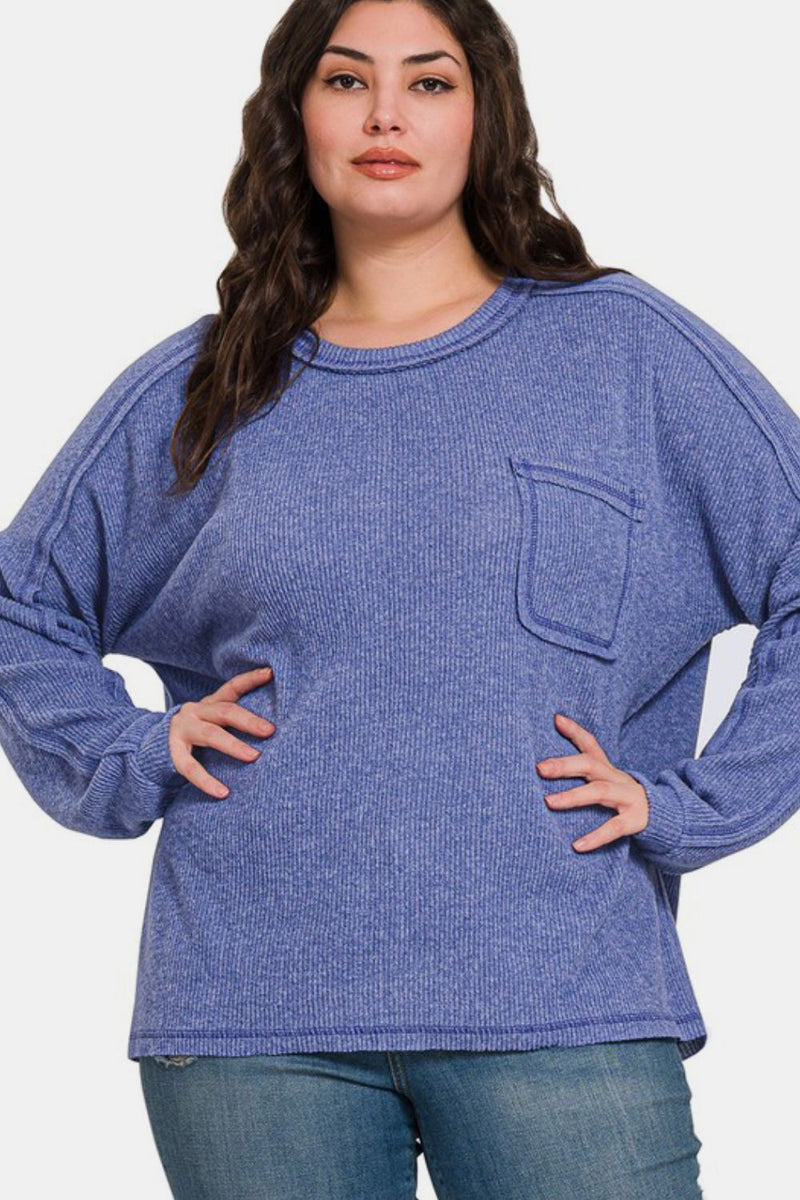 Hazel Blues® |  Zenana Contrast Stitching Brushed Ribbed Hacci Knit Top