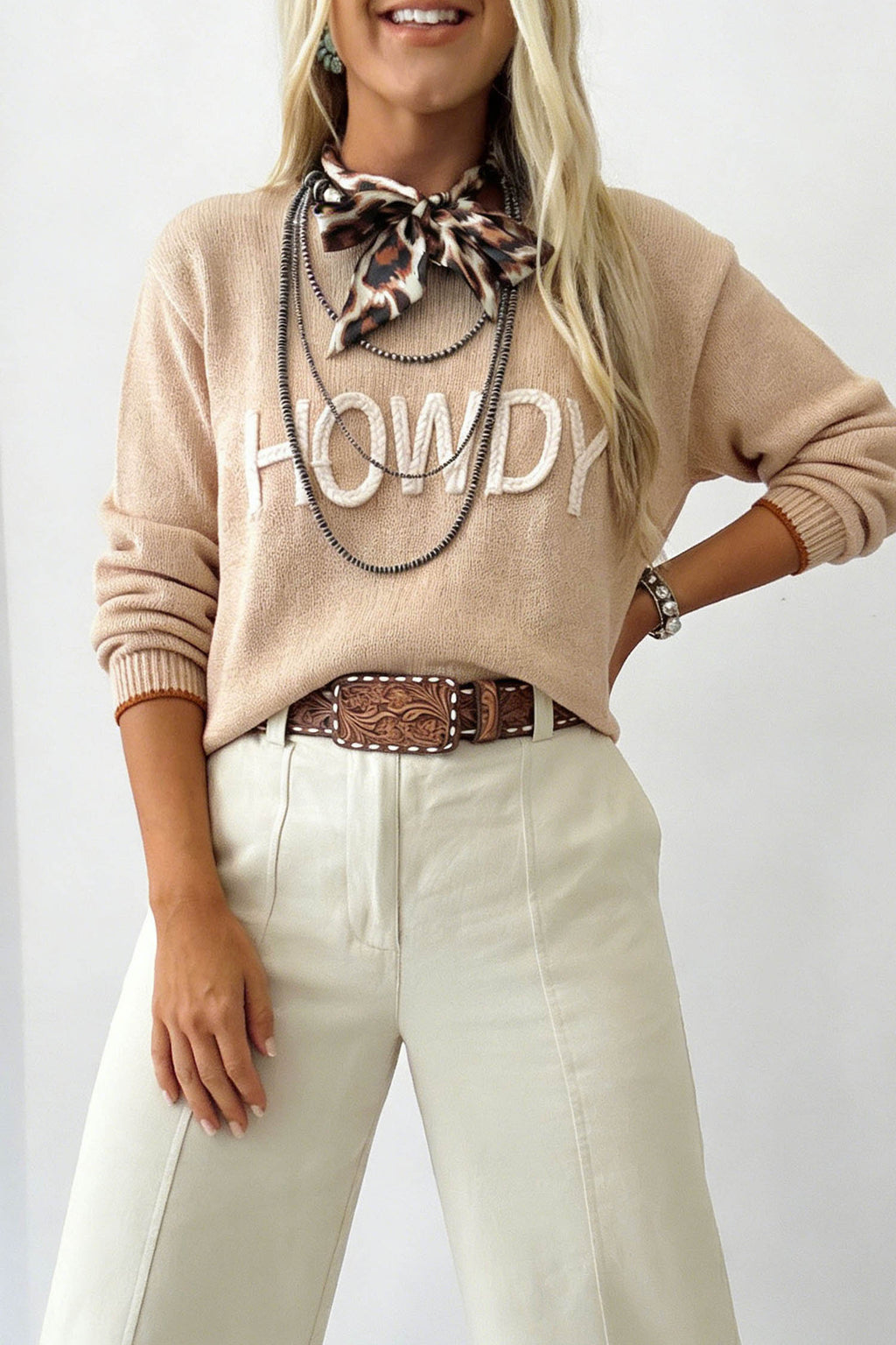 Sadie Belle Taupe Corded HOWDY Letter Graphic Crew Neck Relaxed Sweater