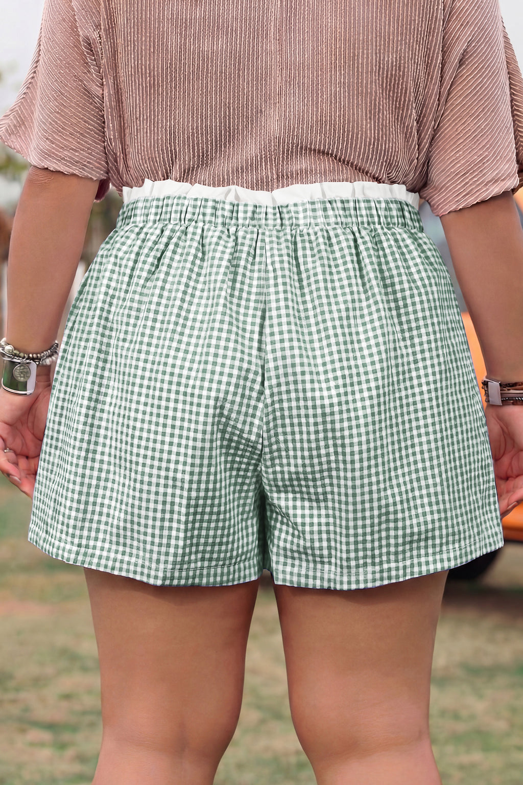 Georgia Lane Green Contrast Trim Plaid Print Shorts