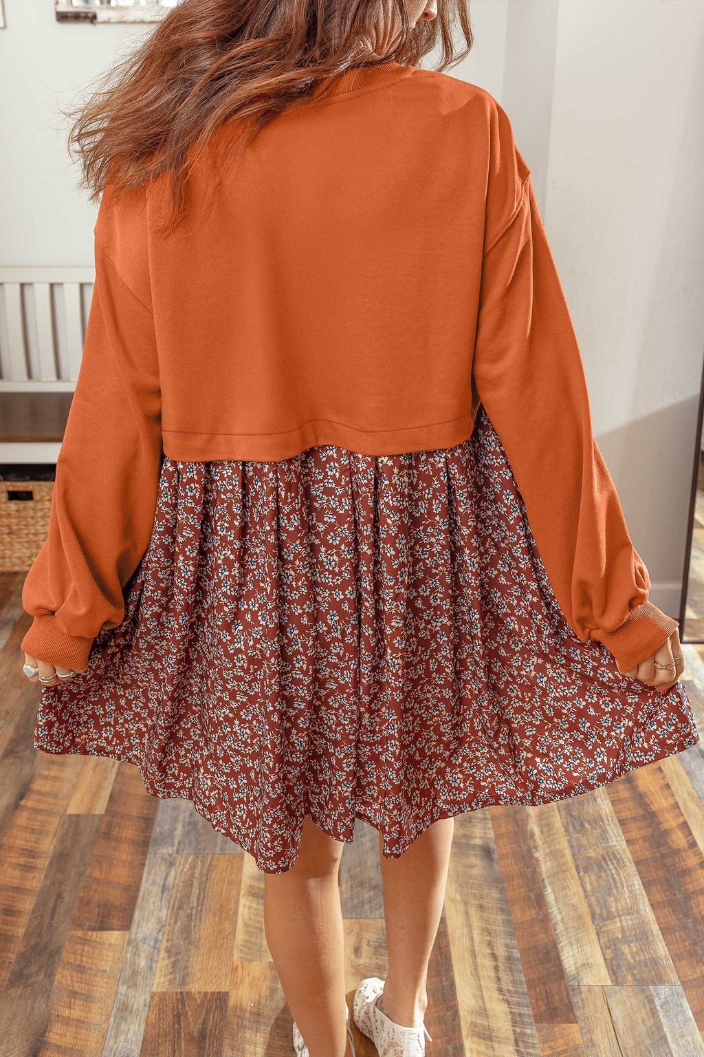 Camille Rae Orange Solid Long-Sleeve Top Patchwork Floral Flared 2 in 1 Mini Dress