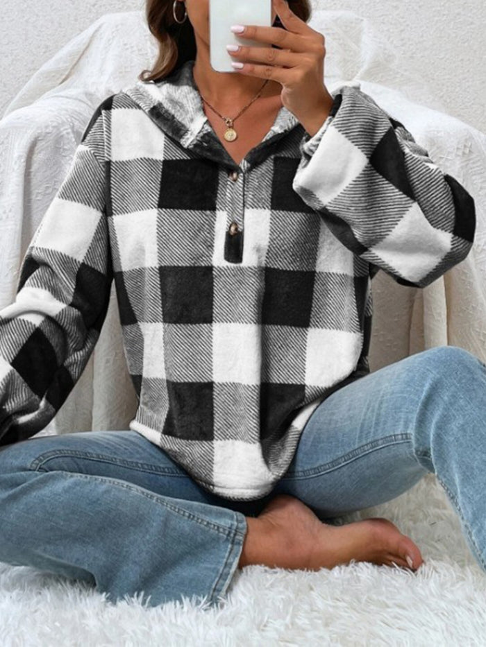 Hazel Blues® |  Plaid Half Button Long Sleeve Hoodie