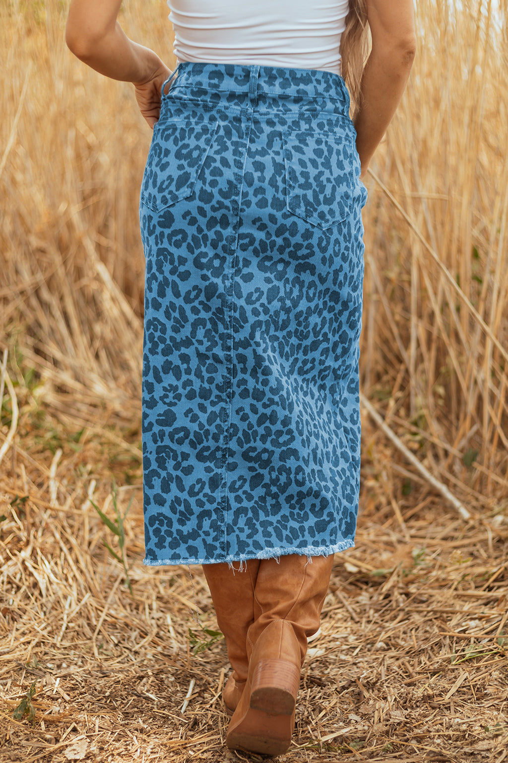 Sky Blue Leopard Print Frayed Edge Denim Skirt Long Casual Daily Wear