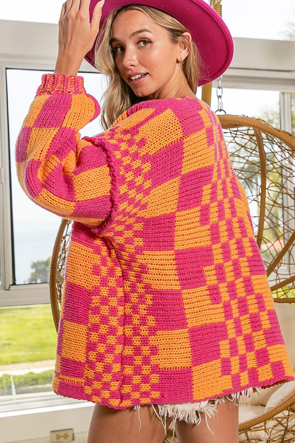 Multicolor Open-Front Mixed Checkered Pattern Knit Cardigan