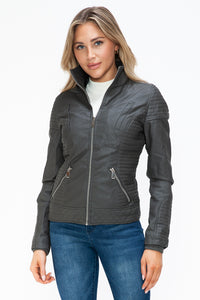 Hazel Blues® |  YMI Faux Layered Double-Zipper Jacket with Fuzzy Hood