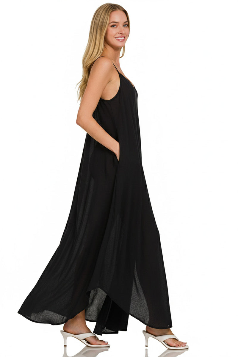 Zenana Woven Crinkle Cami Maxi Dress with Side Pockets Black / M