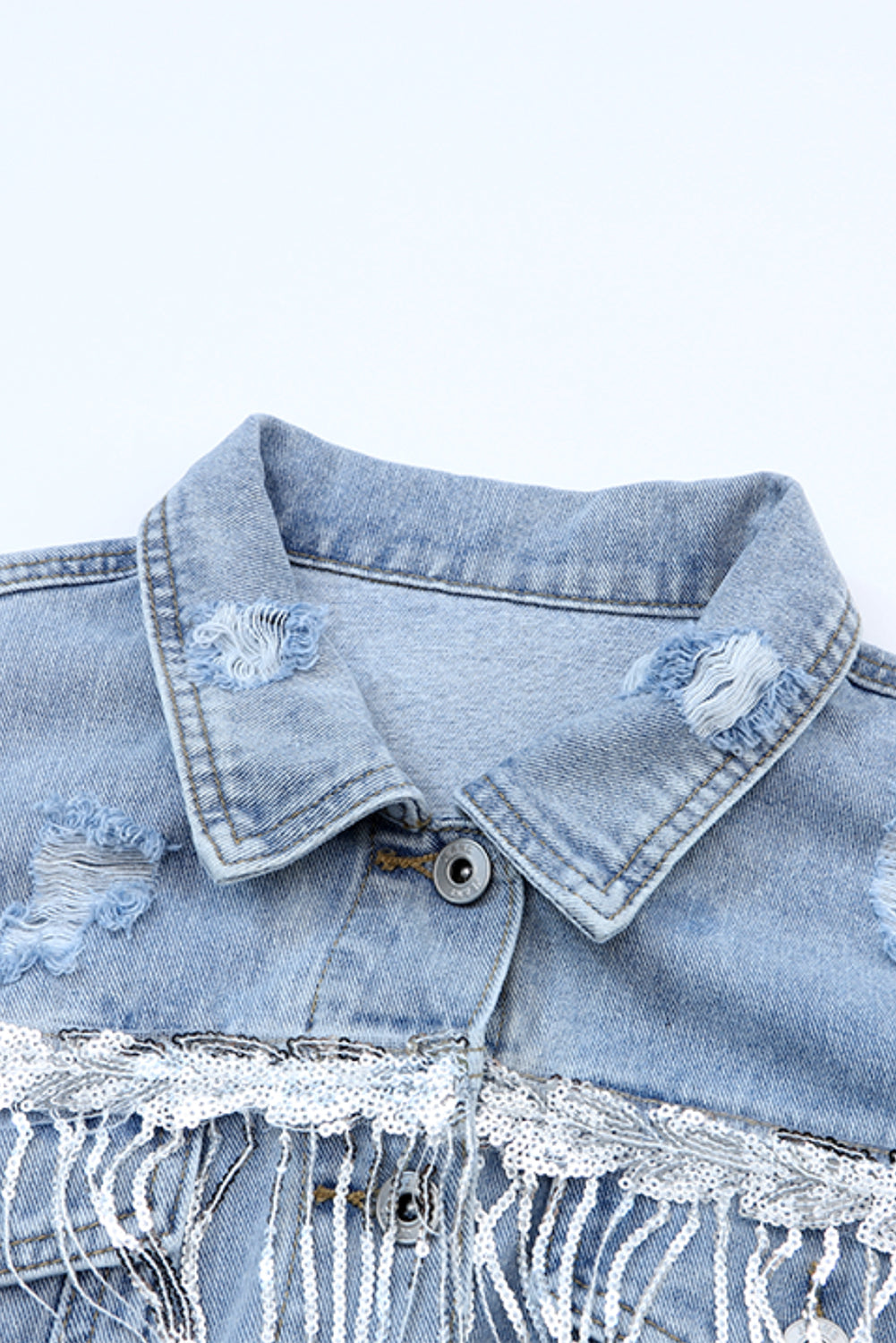 Hazel Blues® |  Sequin Fringe Trim Distressed Button Up Denim Jacket