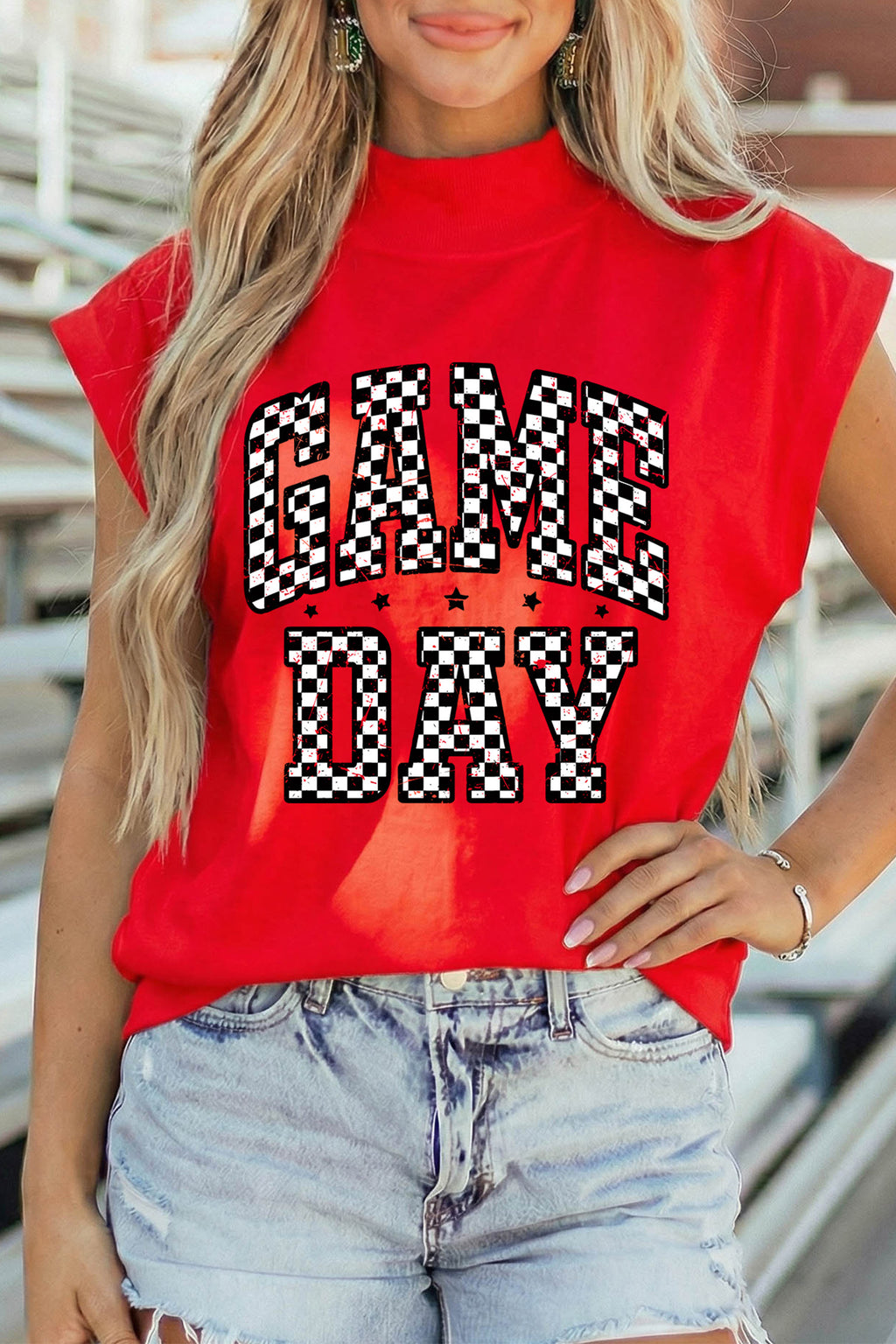 Racing Red Game Day Checkered Print High Neck Short Sleeve op