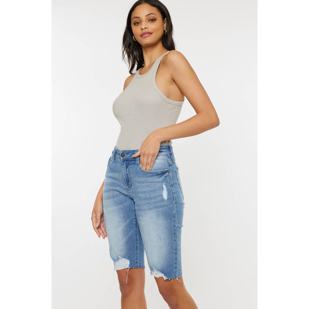 Kancan Mid Rise Distressed Medium Wash Bermuda Shorts
