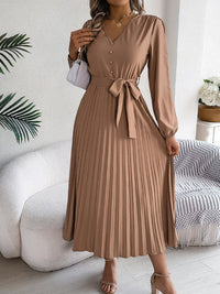 Hazel Blues® |  Pleated Tied V-Neck Long Sleeve Dress