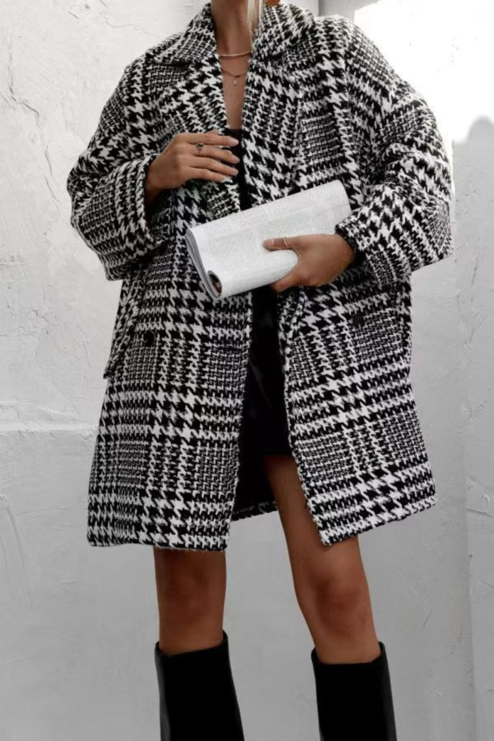 Hazel Blues® |  Houndstooth Collared Neck Long Sleeve Coat