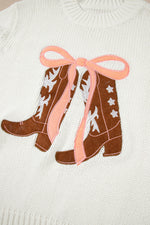 Hazel Blues® |  White Embroidered Bow Boots Graphic Drop Shoulder Sweater