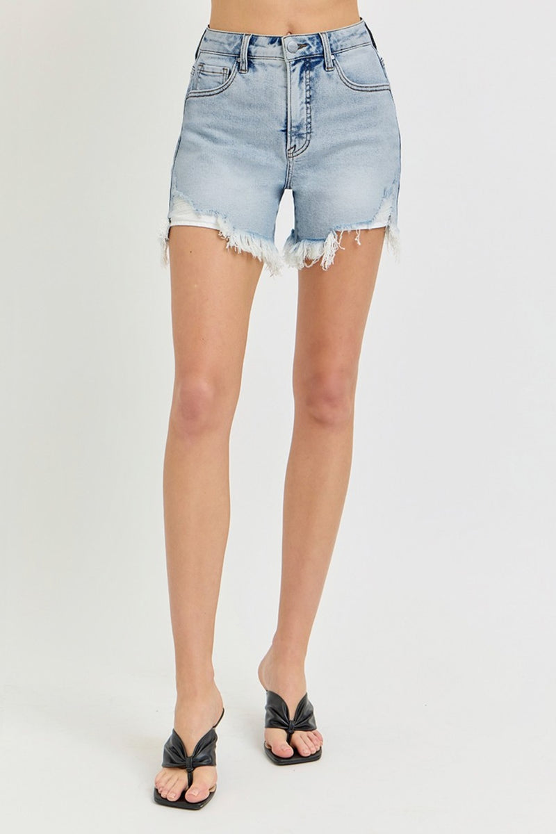 Hazel Blues® |  RISEN High Rise Side Step Hem Denim Shorts