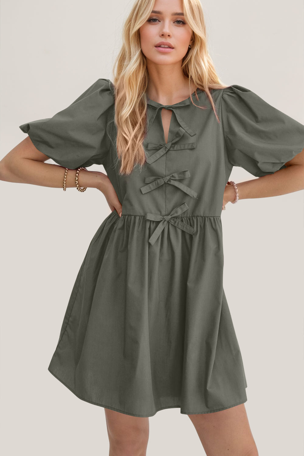 Hazel Blues® |  Oh Bow Ruched Puff Sleeve Mini Dress