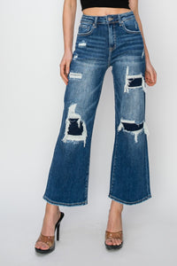 Hazel Blues® |  Risen High Rise Patch Detailed Wide Leg Crop Jeans