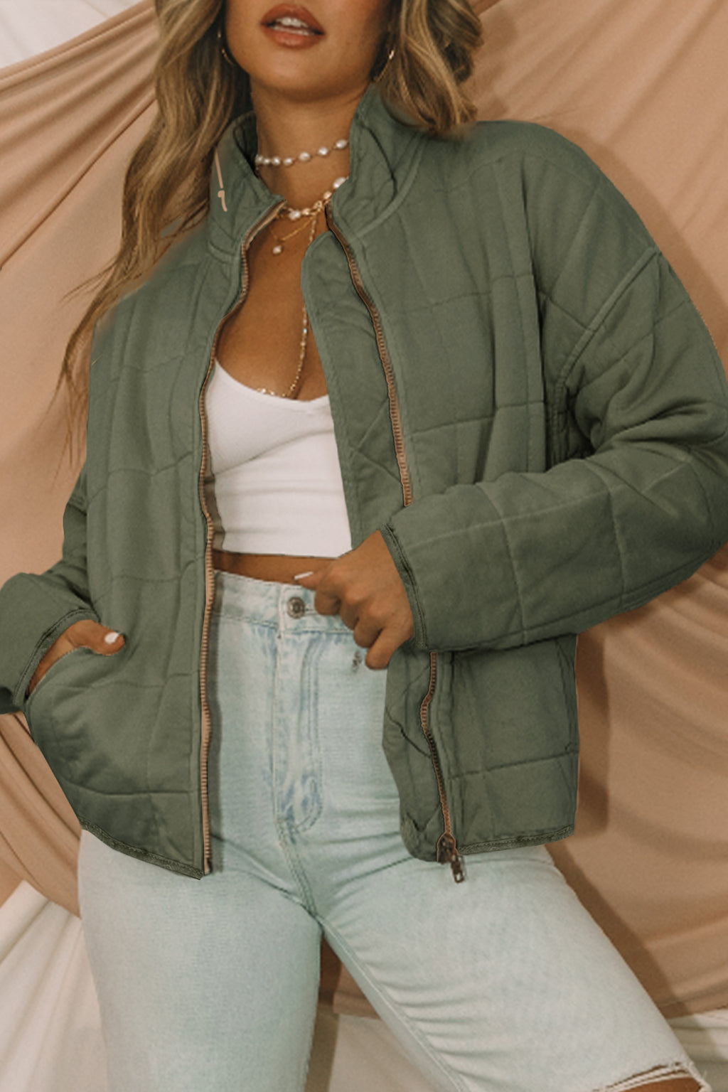 Green Zip-Up Pocket Quilted Jacket – Hazel Blues®