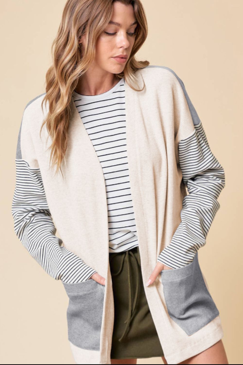 Hazel Blues® |  Open Front Long Sleeve Striped Cardigan with Pockets