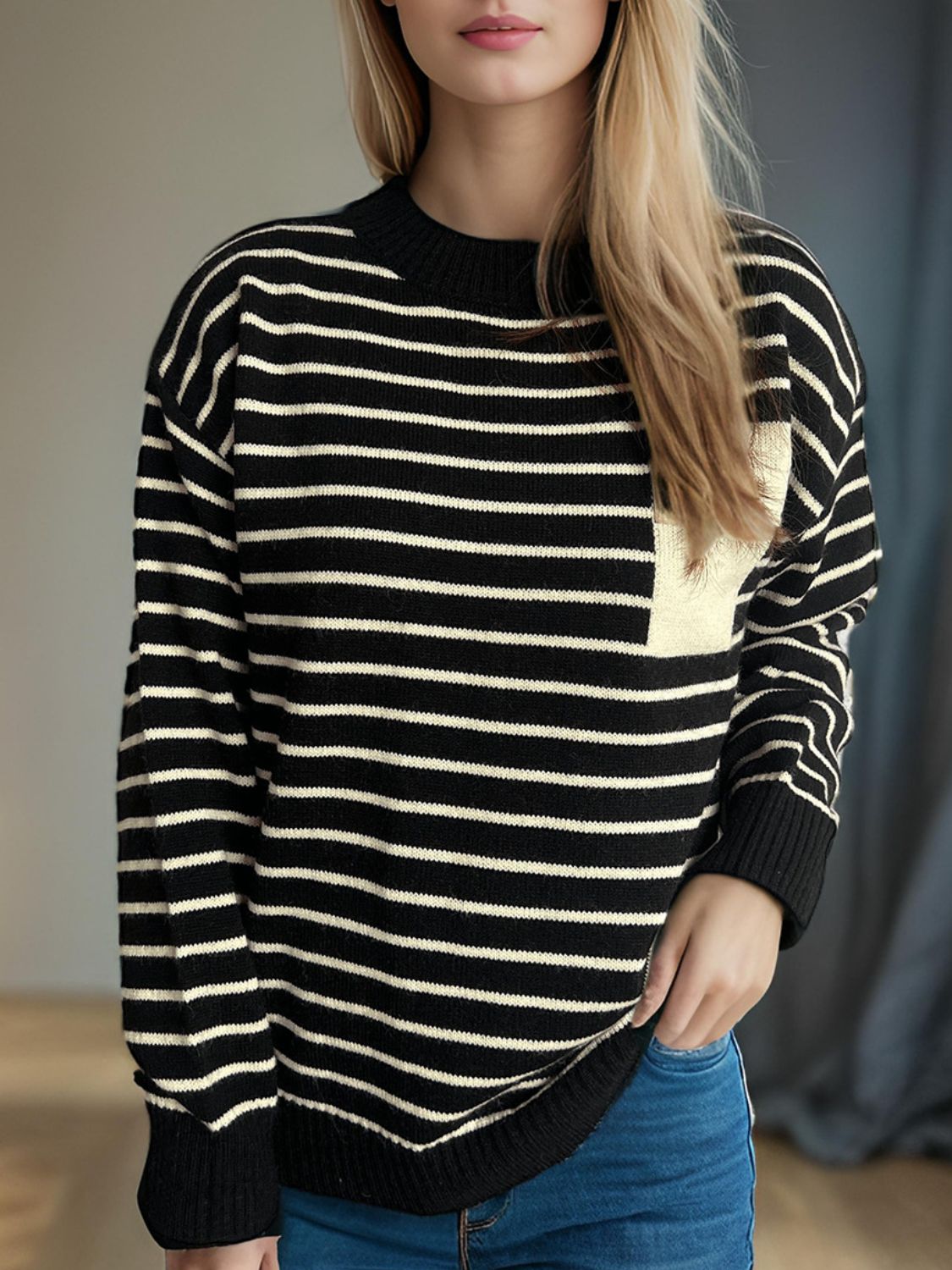 Hazel Blues® |  Striped Mock Neck Long Sleeve Sweater