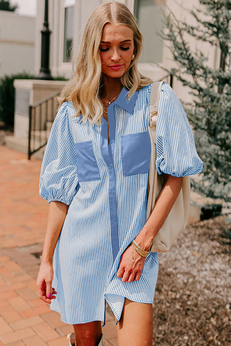 Sky Blue Striped Color-Block Button-Down Mini Dress – Hazel Blues®