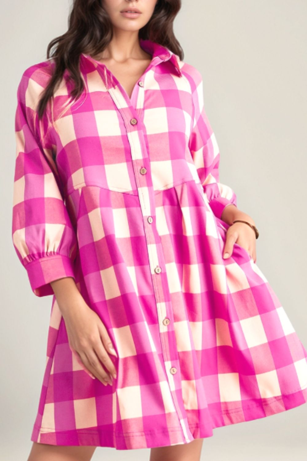 Hazel Blues® |  Ruched Plaid Three-Quarter Sleeve Shirt Dress