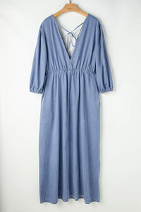 Hazel Blues® |  Tied Plunge Three-Quarter Sleeve Denim Dress