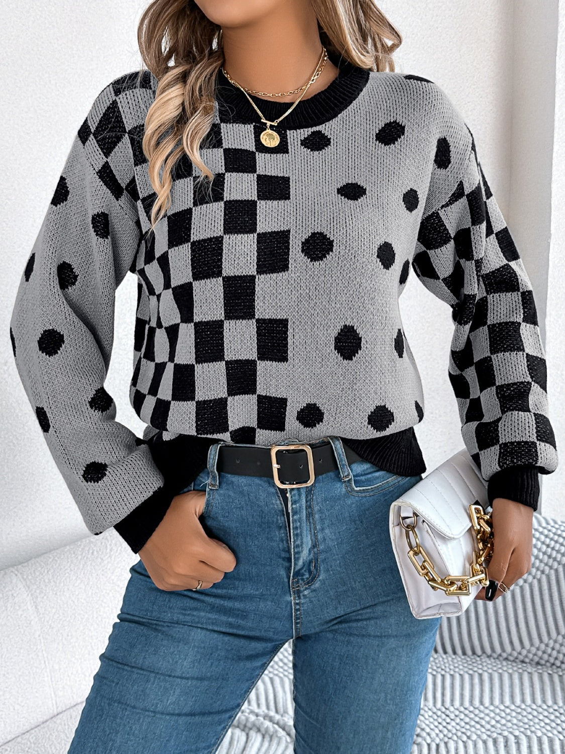 Hazel Blues® |  Plaid Round Neck Long Sleeve Sweater