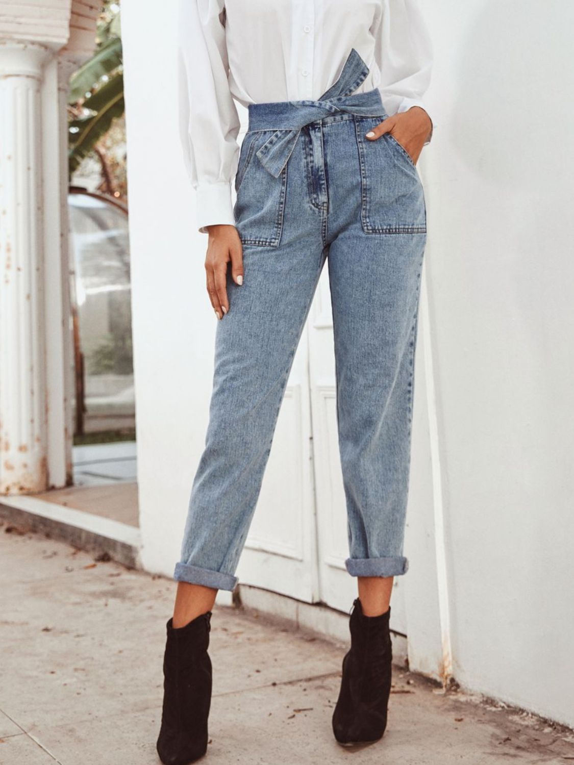 Hazel Blues® |  Tied Straight Leg Jeans with Pockets