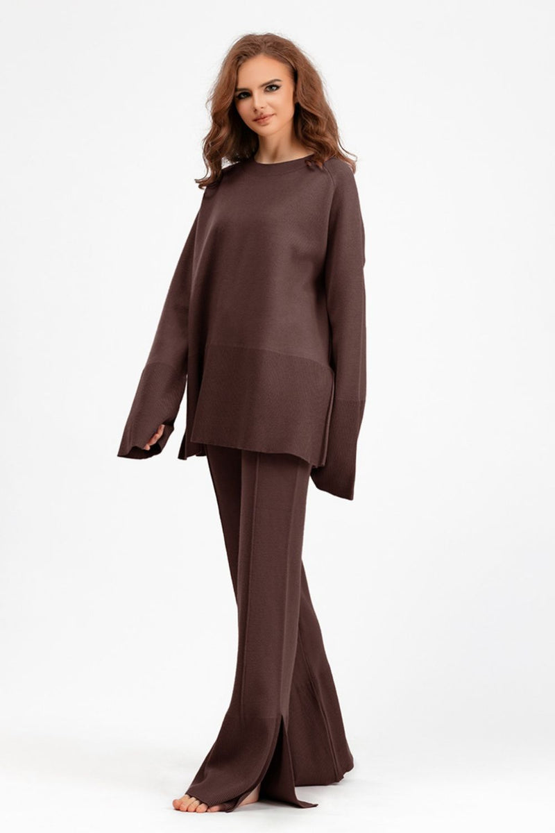 Hazel Blues® |  Basic Bae Slit Round Neck Long Sleeve Top and Drawstring Pants Sweater Set