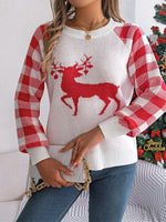 Hazel Blues® |  Reindeer Plaid Round Neck Long Sleeve Sweater
