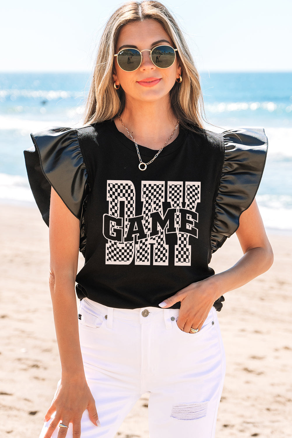 Hazel Blues® |  Black GAME DAY Checkered Letter Graphic Leatherette Ruffle Sleeve Top