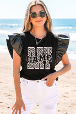 Hazel Blues® |  Black GAME DAY Checkered Letter Graphic Leatherette Ruffle Sleeve Top