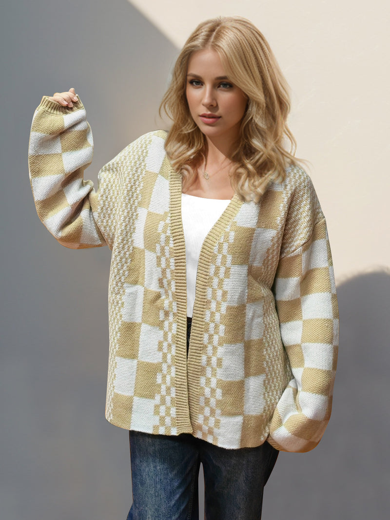 Hazel Blues® |  Double Take Checkered Open Front Dropped Shoulder Cardigan